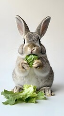 Wall Mural - 94. A rabbit eating lettuce, sitting with its paws in front of it, against a white background