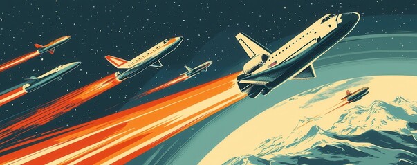 Wall Mural - retro space fleet flying over snowy mountains and distant planets