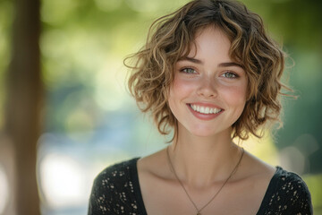 Woman with short hair in a black top smiles at the camera.