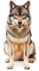 Wall Mural - 16. A wolf chewing on a bone, sitting still with a clean white background