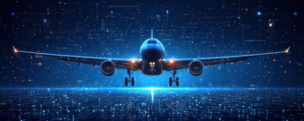 Poster - Digital blue background with airplane in futuristic  design