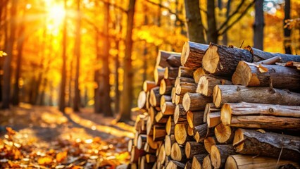 Aufkleber - Golden Autumn Sunlight Illuminates a Stack of Firewood in a Forest