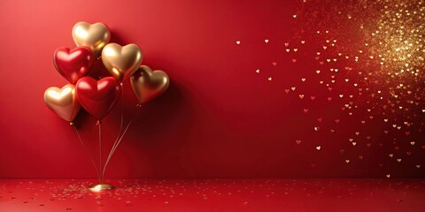 Aufkleber - Romantic Red and Gold Heart Balloons with Confetti