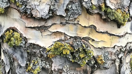 Close-up of textured tree bark with lichen, outdoors, nature background, design texture