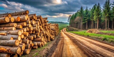 Poster - A dirt road winds through a lush green forest, leading to a large stack of freshly cut timber logs under a dramatic sky.