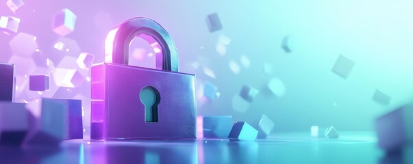Poster - purple lock icon surrounded by digital security elements