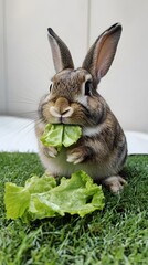 Wall Mural - 35. A rabbit eating lettuce, sitting on the grass with a white backdrop