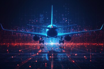 Fototapete - Futuristic airplane with digital technology interface design