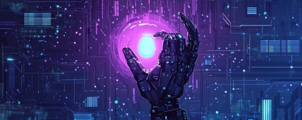 Poster - Futuristic AI robot hand pointing amidst digital circuit design