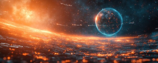 Poster - Abstract futuristic digital planet with glowing orange circuitry