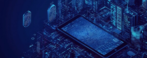Poster - Isometric illustration of biometrics on a digital tablet with magnifying glass