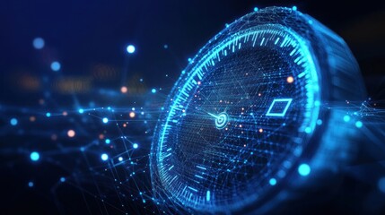 Futuristic digital clock, glowing blue, abstract network connections, fast speed, time concept.
