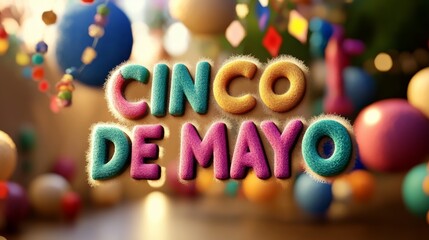 Wall Mural - CINCO DE MAYO words, in fine fluffy plush texture, super lovely, cute style, bright colors. 3D rendering effect 