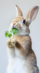Wall Mural - 49. A rabbit chewing on clover, with its nose twitching, set against a white backdrop