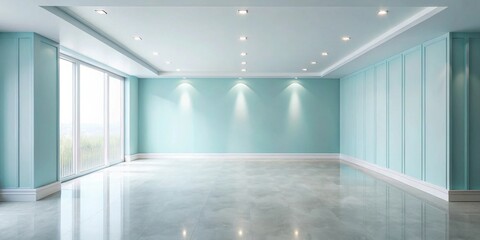 Aufkleber - Empty room with pale blue walls, recessed lighting, and large window