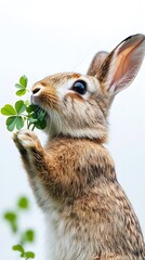 Wall Mural - 49. A rabbit chewing on clover, with its nose twitching, set against a white backdrop