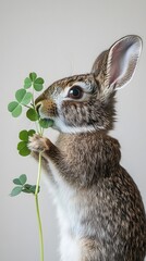 Wall Mural - 49. A rabbit chewing on clover, with its nose twitching, set against a white backdrop