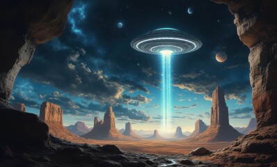 Poster - UFO descends in alien landscape at sunset