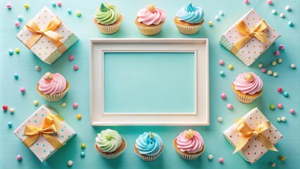 Poster - Pastel Cupcakes and Presents with Blank Frame for Celebration