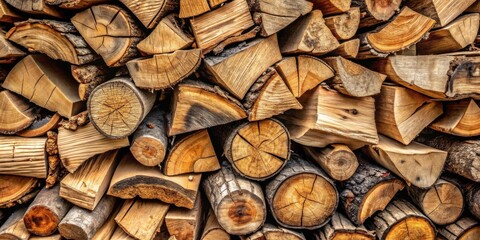 Poster - A Detailed Close-Up View of a Stack of Cut Logs, Showing the Natural Grain and Texture of the Wood