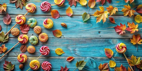 Canvas Print - Autumnal Delight Colorful Swirled Lollipops and Vibrant Fall Leaves on Rustic Blue Wood