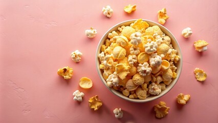Poster - A bowl of buttery popcorn with scattered kernels on a pink background