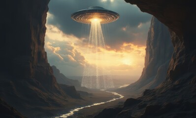 Wall Mural - Mysterious UFO hovering over a canyon