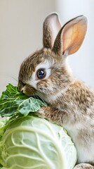 Wall Mural - 74. A rabbit munching on a cabbage, with its eyes focused on the meal, set against white