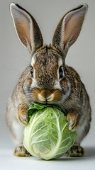 Wall Mural - 74. A rabbit munching on a cabbage, with its eyes focused on the meal, set against white
