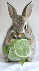 Wall Mural - 74. A rabbit munching on a cabbage, with its eyes focused on the meal, set against white