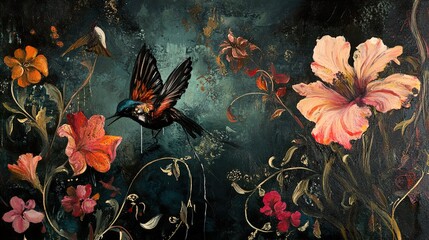 Poster - Hummingbird and Hibiscus: A Dark Romantic Floral Painting