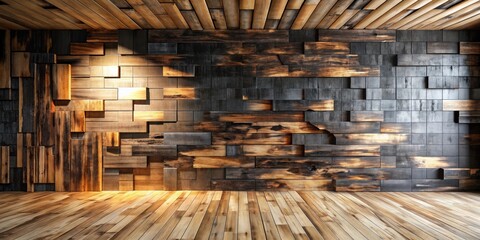 Aufkleber - Rustic Wooden Wall and Floor Interior Design with Warm Lighting