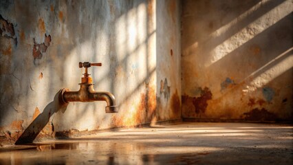 Aufkleber - Rustic Aged Brass Faucet on Weathered Wall in Sunlit Room