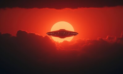 Poster - UFO silhouetted against a sunset