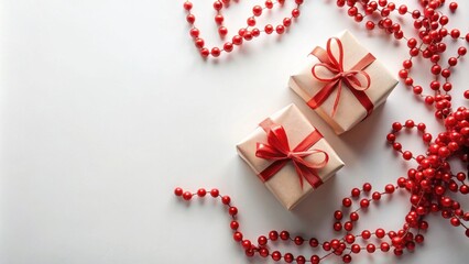 Poster - Celebratory Presents with Festive Red Berries and Ribbons on White Background