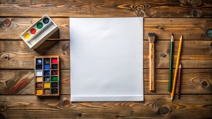 Poster - Blank Paper, Watercolor Paints, and Drawing Tools on Wooden Surface