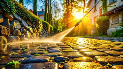Poster - Golden Hour Stone Path Cleaning with High Pressure Water