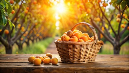 Poster - A wicker basket overflowing with ripe apricots sits on a rustic wooden table, bathed in the warm golden sunlight of an orchard.
