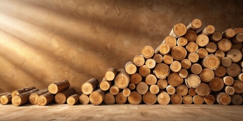Poster - Warm Sunlight Illuminates a Stack of Rustic Wooden Logs Against a Textured Wall