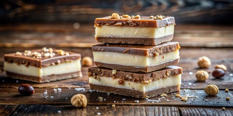 Aufkleber - Delicious layered chocolate dessert squares with nuts and a creamy filling on a rustic wooden surface