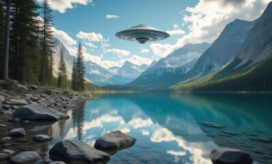 Wall Mural - Mysterious UFO over tranquil mountain lake