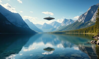 Wall Mural - UFO hovering over a serene mountain lake