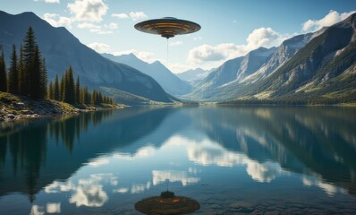 Poster - UFO hovers over a serene mountain lake