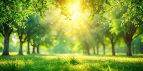 Poster - Sunlit Grove Tranquil Springtime Scene of Lush Green Foliage and Grass