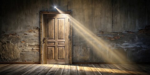 Aufkleber - A lone wooden door bathed in sunlight within a rustic room