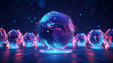 Poster - Digital world globe, concept of global network and connectivity on Earth, high speed data transfer and cyber technology hand touching global network and data exchanges over the world