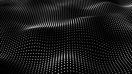 Poster - Abstract black background wave white dot particles form. Technology futuristic digital flow seamless looping