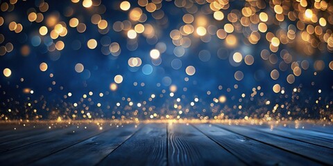 Poster - Magical Festive Background with Glimmering Lights and Wooden Surface