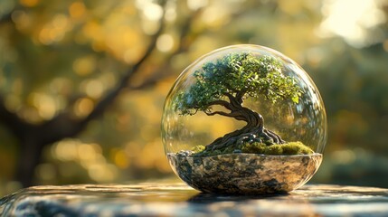 Canvas Print - Miniature bonsai tree in a glass sphere, outdoors.