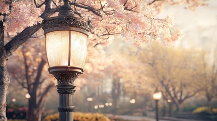 Wall Mural - Illuminated lamp post under blossoming cherry trees in park at sunrise.